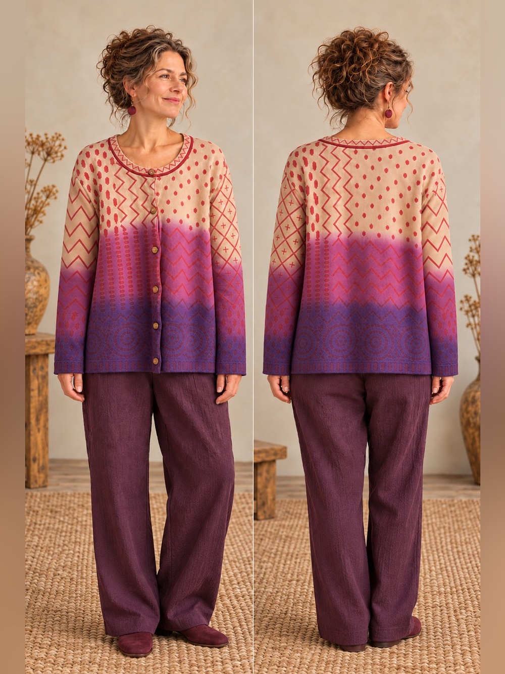 Gudrun Sjoden XL Cotton Ombre Patterned Button Front Cardigan Purple Pink